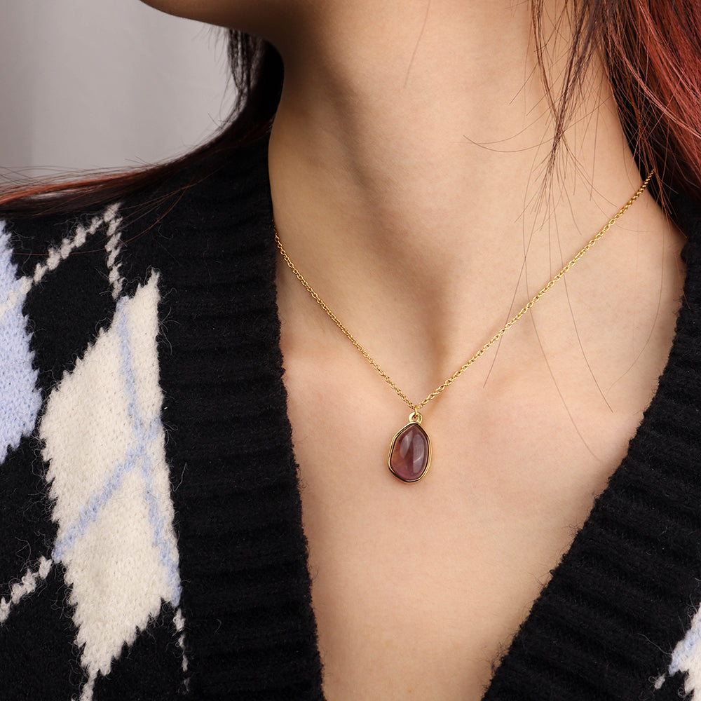 Natural Crystal Pendant Necklace - PVD 18k Gold Plated 316L Stainless Steel_N018-N020