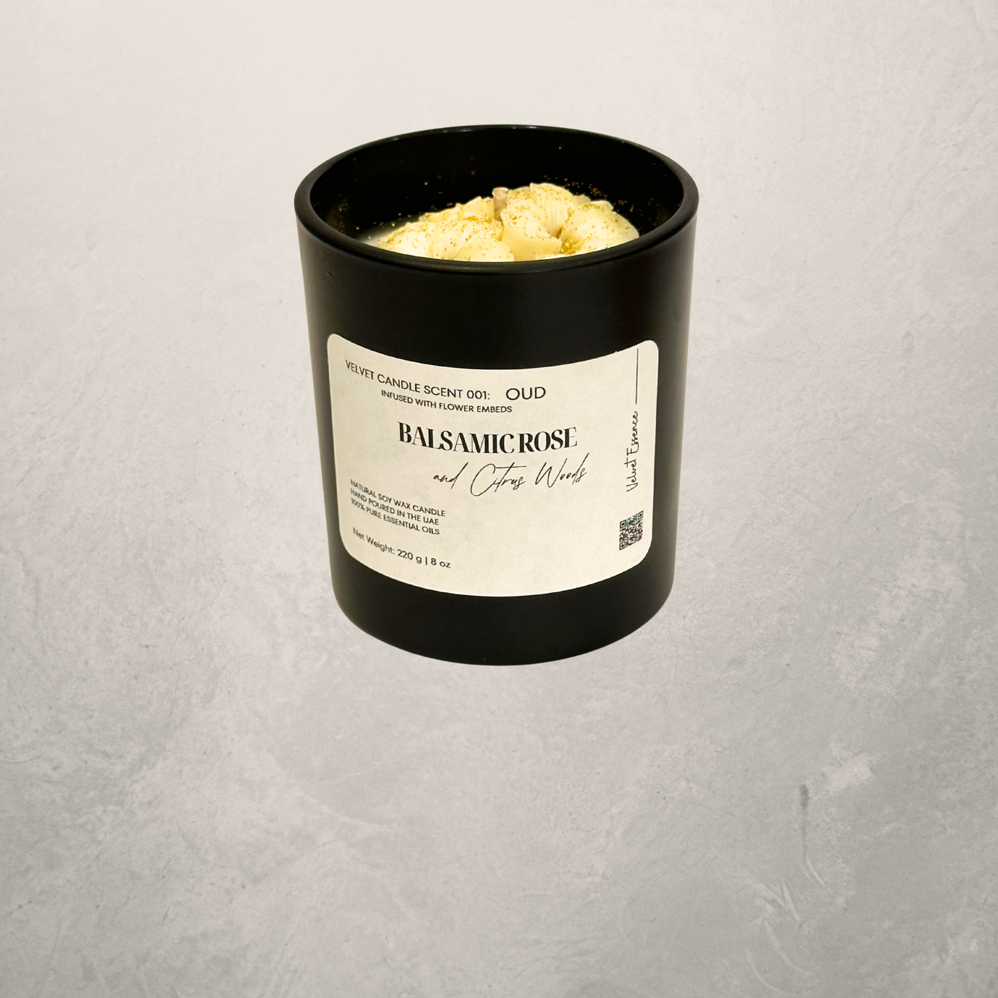 Velvet Candle 001-Oud-Wax Embedded Flowers Trio Collection: Balsamic Rose & Citrus Woods