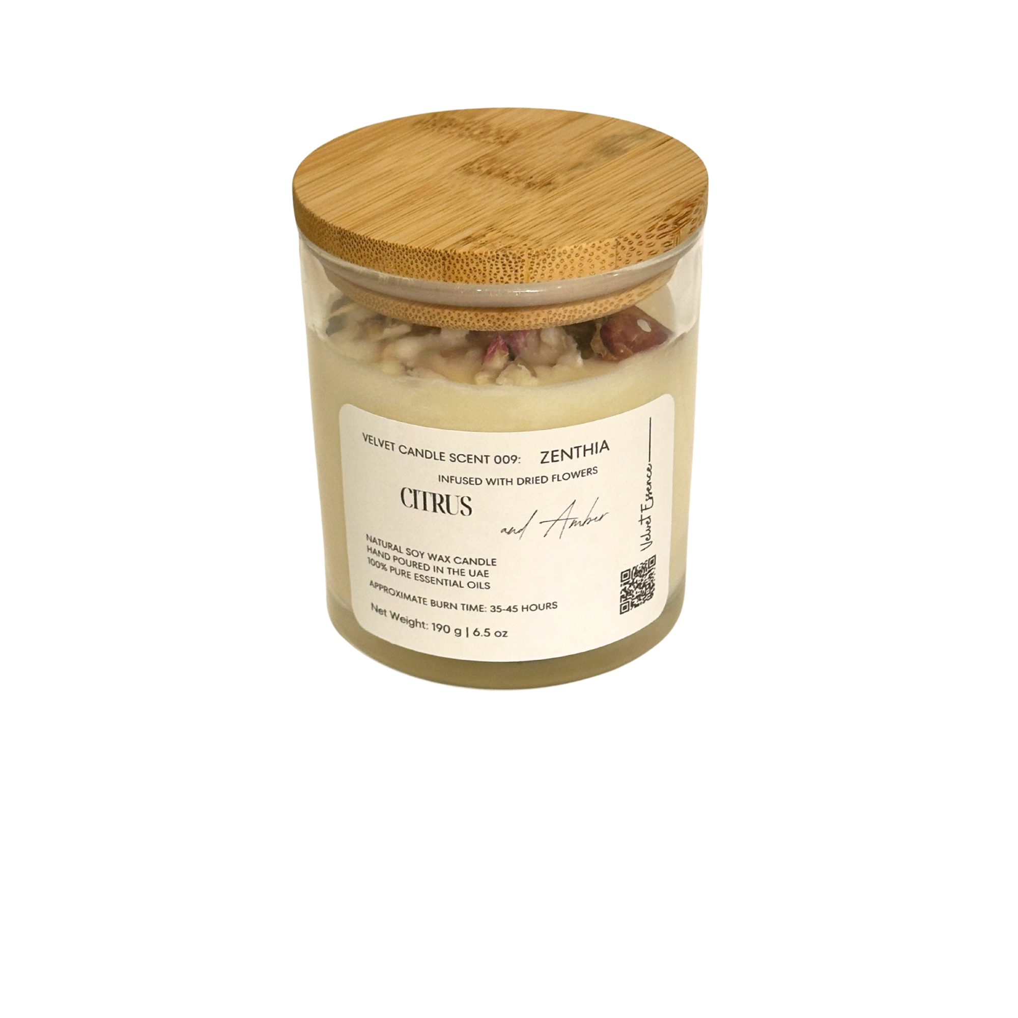 Velvet Candle 009-Zenthia-Infused with Dried Flowers: Citrus and Amber