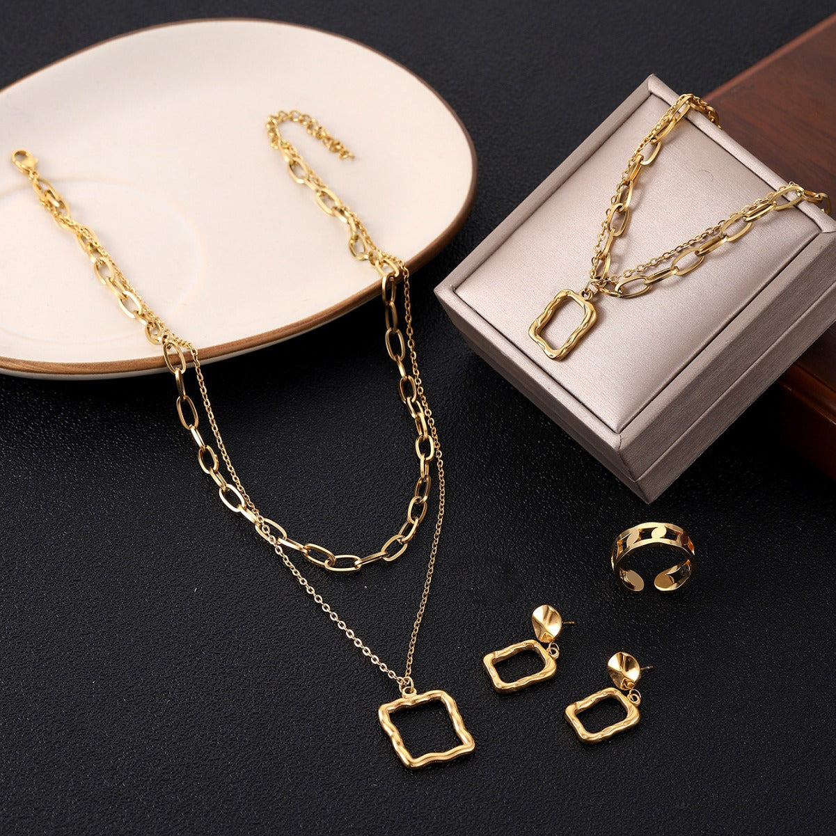 Hollow Square 4pcs Set Tarnish Free Necklace Earring Bracelet Jewellery Set Women - Set007