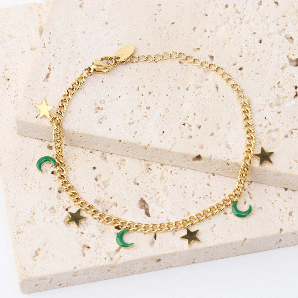 Colorful Enamel Star and Moon Charms 3mm Curb Chain Bracelet -  PVD18K Gold Plated 316L Stainless Steel_B055