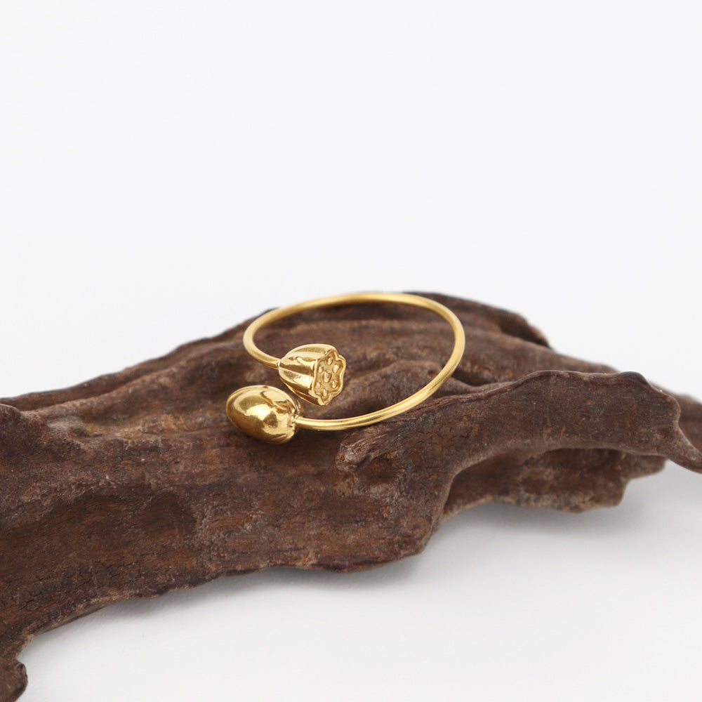 Lotus and Seedpod Botany Adjustable Ring - 18K PVD Gold Plated Stainless Steel_R053