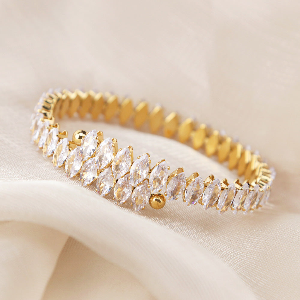 Marquises Zircons Full Bejeweled Adjustable Cuff Bracelet - PVD 18k Gold Plated 316L Stainless Steel-B020