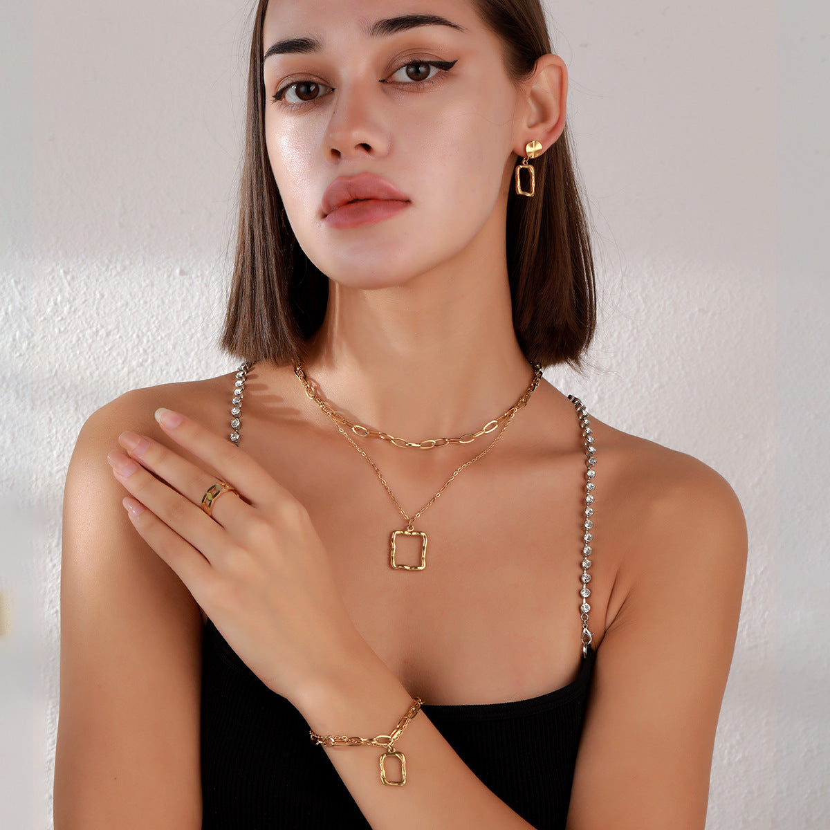 Hollow Square 4pcs Set Tarnish Free Necklace Earring Bracelet Jewellery Set Women - Set007