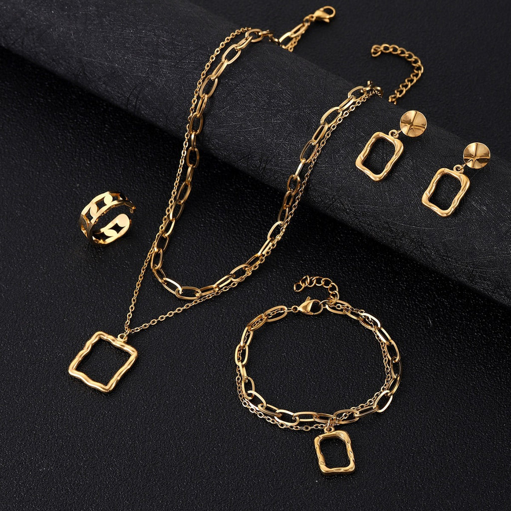 Hollow Square 4pcs Set Tarnish Free Necklace Earring Bracelet Jewellery Set Women - Set007