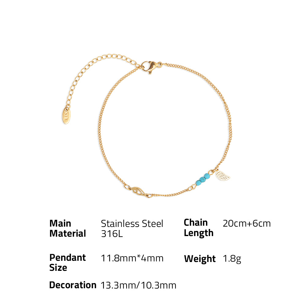 Turquoise Blue Stone Wing Charm Chain Anklet - PVD 18k Gold Plated 316L Stainless Steel_A002