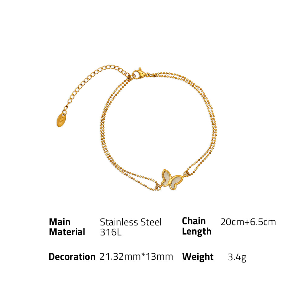Shell butterfly Double Layers Beads Charm Chain Anklet - PVD 18k Gold Plated 316L Stainless Steel_A007