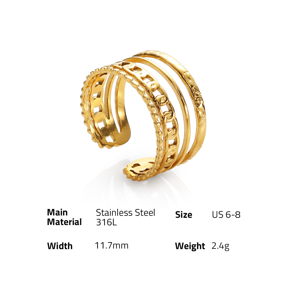 Minimalist Four-layer Chain Wide Ring - PVD 18k Gold Plated 316L Stainless Steel_R020