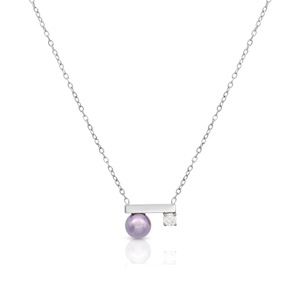 Minimalist Jewelry Balance bar Pearl Cz Pendant Charm Necklace - Silver 316L Stainless Steel with PVD Plating_N025
