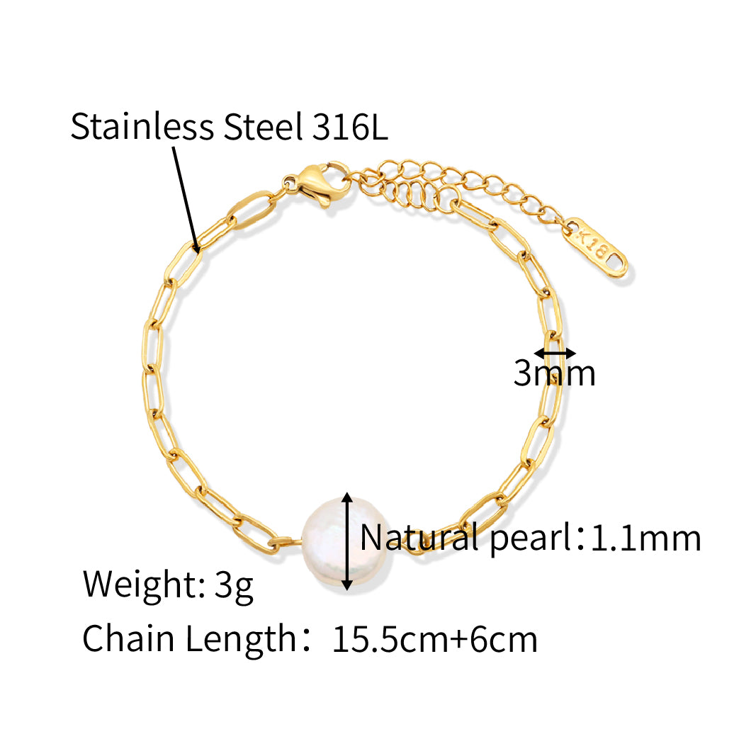 Button Shape Baroque Freshwater Pearl Link Chain Bracelet - PVD 18k Gold Plated 316L Stainless Steel_B021