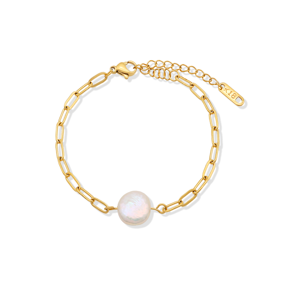 Button Shape Baroque Freshwater Pearl Link Chain Bracelet - PVD 18k Gold Plated 316L Stainless Steel_B021