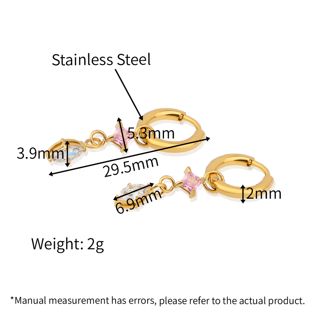 PVD 18k Gold Plated 316L Stainless Steel pink Princess Cut Marquise Cut Zirconias Drops Huggie Hoops Earrings_E028