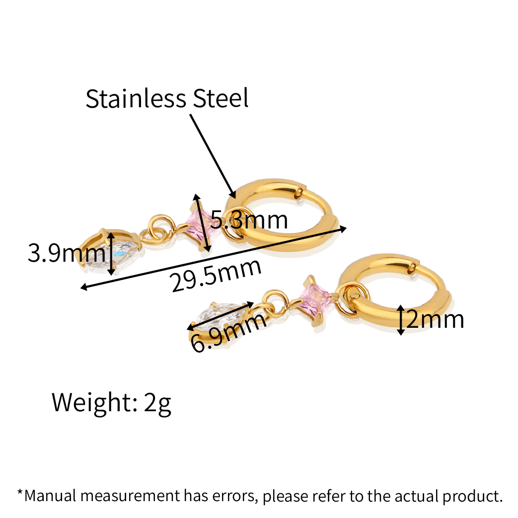 PVD 18k Gold Plated 316L Stainless Steel pink Princess Cut Marquise Cut Zirconias Drops Huggie Hoops Earrings_E028