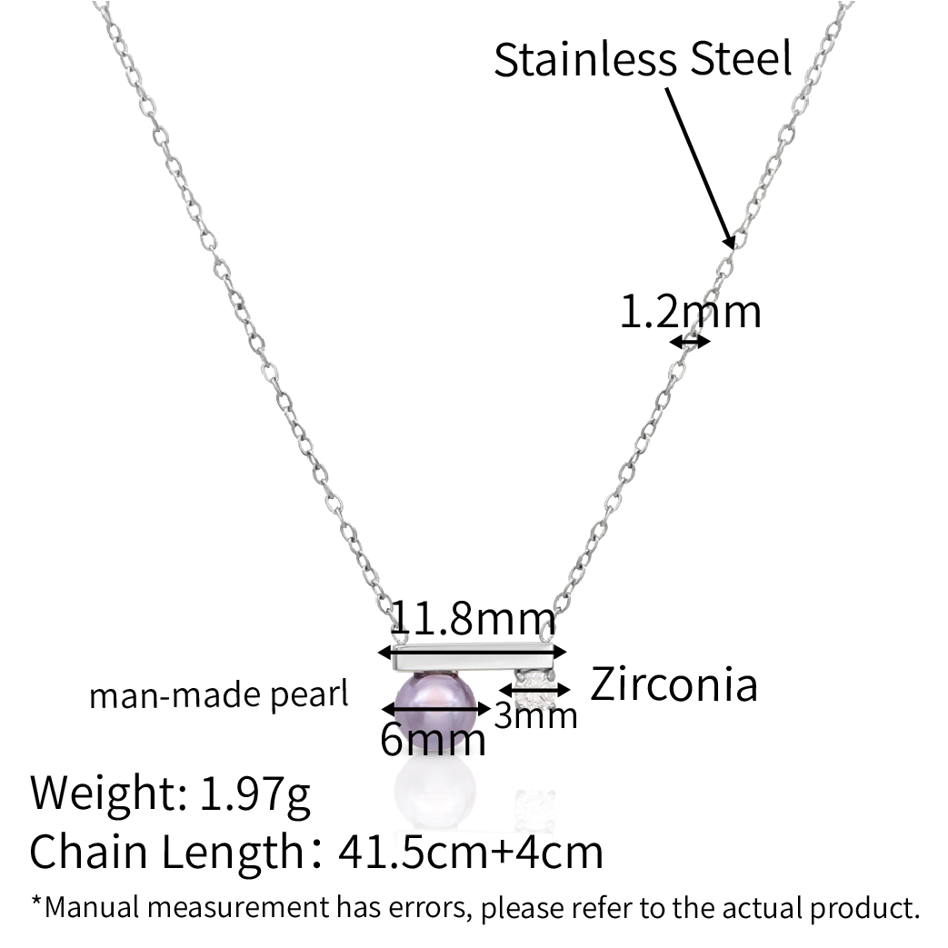 Minimalist Jewelry Balance bar Pearl Cz Pendant Charm Necklace - Silver 316L Stainless Steel with PVD Plating_N025