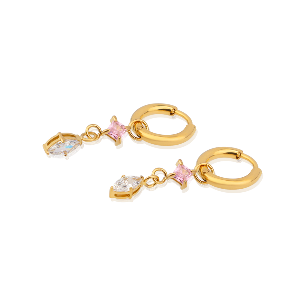 PVD 18k Gold Plated 316L Stainless Steel pink Princess Cut Marquise Cut Zirconias Drops Huggie Hoops Earrings_E028