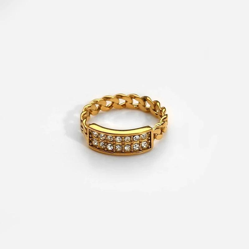 Polished Figaro Two Chain Design 5a Zircon Ring for Dance - PVD 18k Gold Plated 316L Stainless Steel_R041