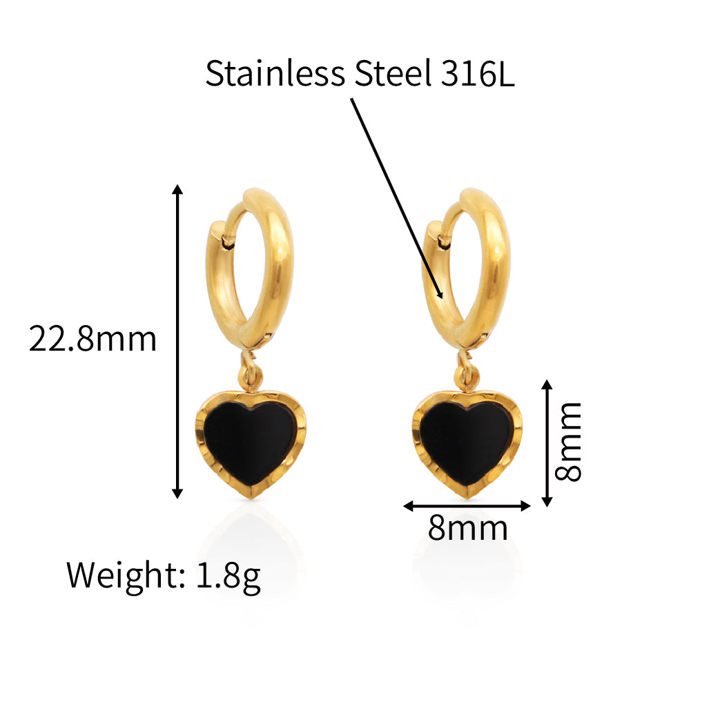 Black Enamel Heart Huggie Hoops Earrings - PVD 18k Gold Plated 316L Stainless Steel_E023