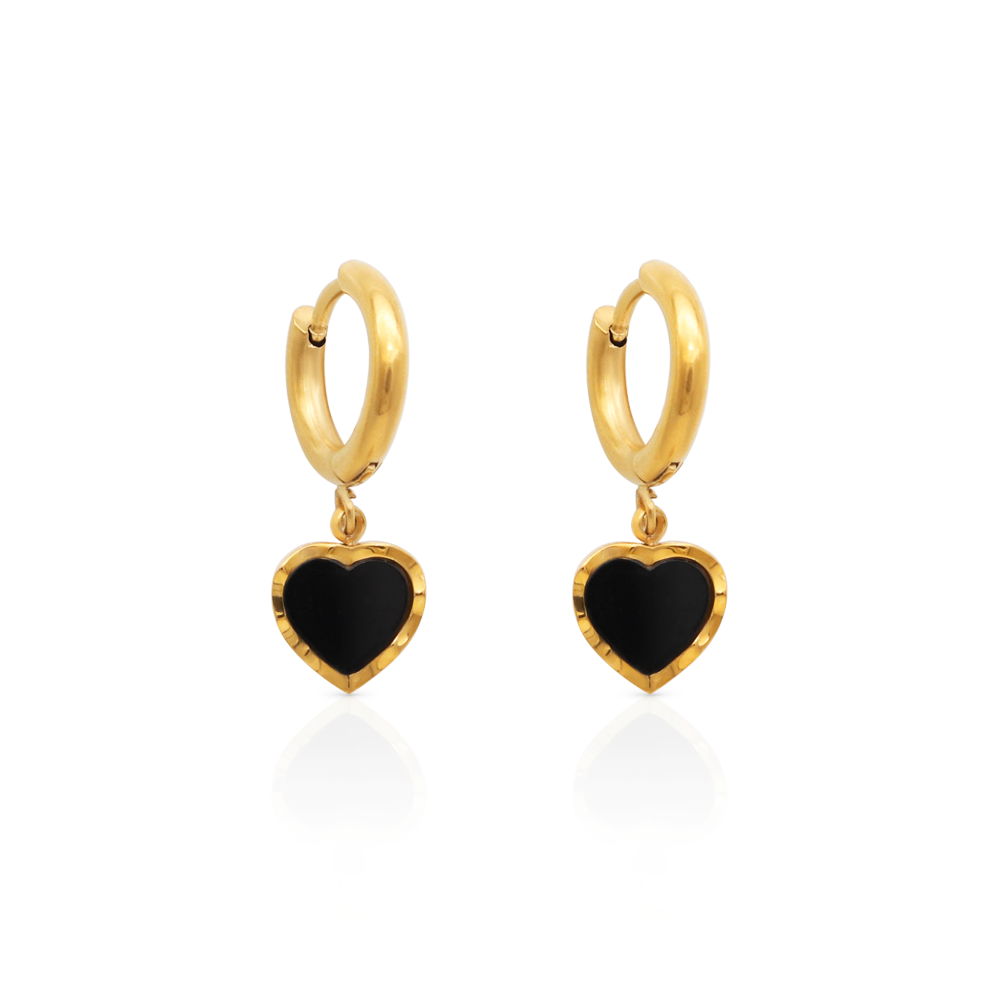 Black Enamel Heart Huggie Hoops Earrings - PVD 18k Gold Plated 316L Stainless Steel_E023