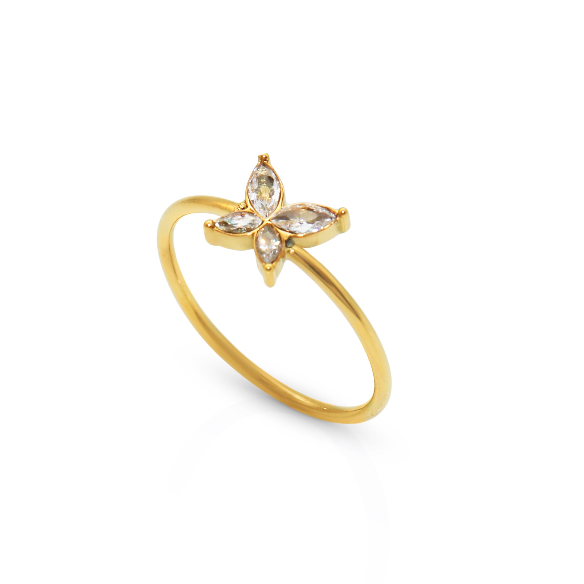 Butterfly Marquise Zircon Thin Finger Ring - 18K PVD Gold Plated 316L Stainless Steel - R069