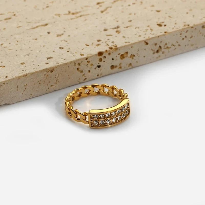 Polished Figaro Two Chain Design 5a Zircon Ring for Dance - PVD 18k Gold Plated 316L Stainless Steel_R041