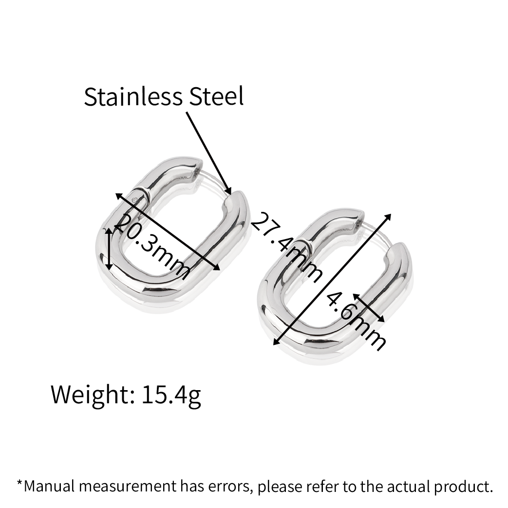 Chunky Wide Heavy Oval Huggie Hoops Large Gold Flat Hoop U Earring - Silver 316L Stainless Steel with PVD Plating_E029