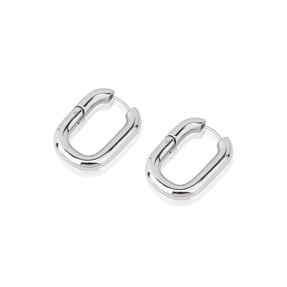 Chunky Wide Heavy Oval Huggie Hoops Large Gold Flat Hoop U Earring - Silver 316L Stainless Steel with PVD Plating_E029