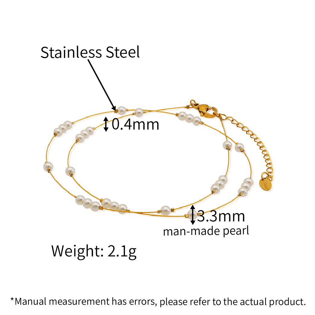 Man-made Pearl Satellite Beads Gold Silk Thread Chain Necklace - PVD 18k Gold Plated 316L Stainless Steel_N011