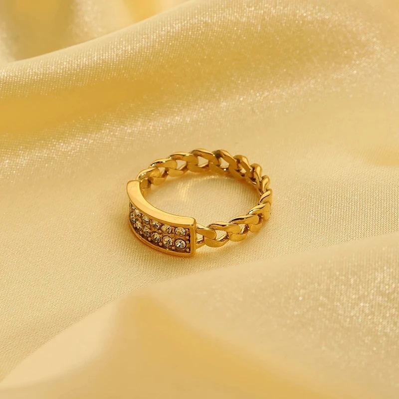 Polished Figaro Two Chain Design 5a Zircon Ring for Dance - PVD 18k Gold Plated 316L Stainless Steel_R041