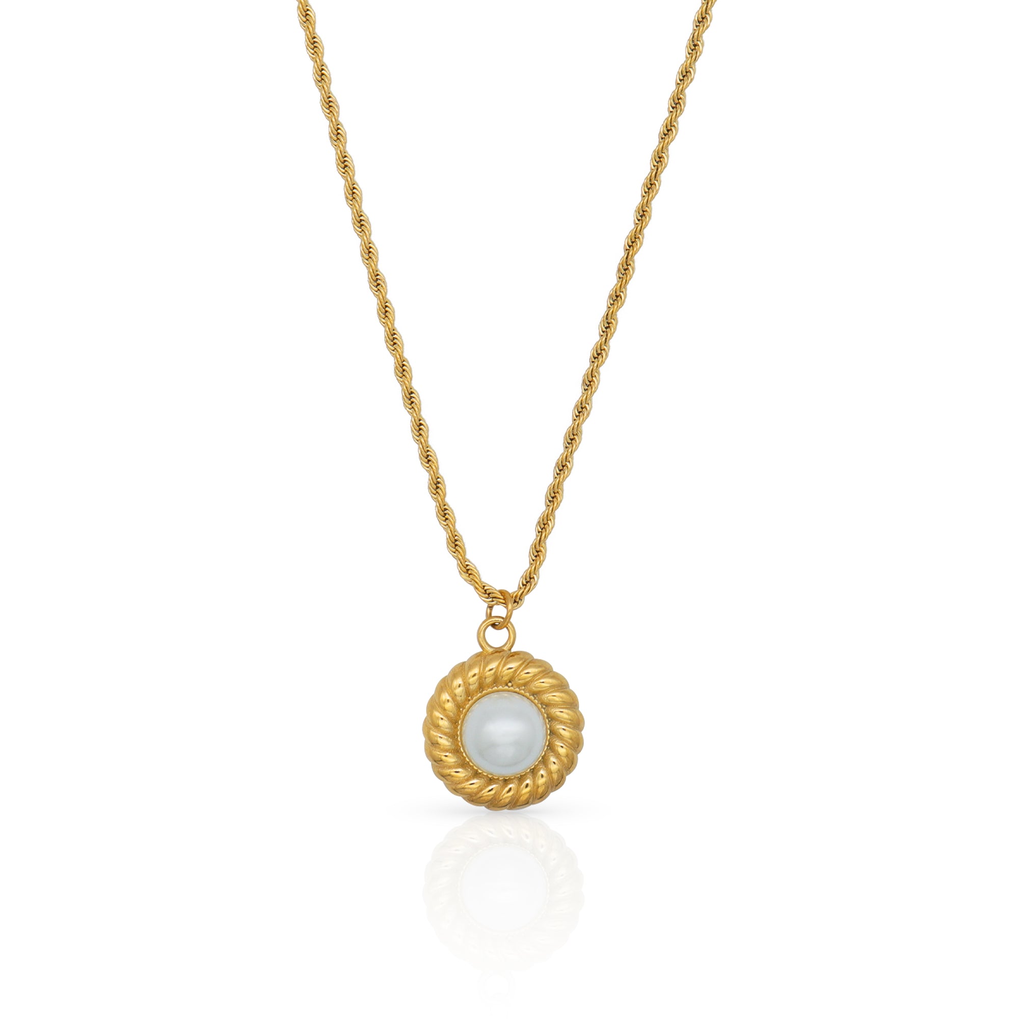 Rope Chain Pearl Pendant Necklace - PVD 18k Gold Plated 316L Stainless Steel_N015