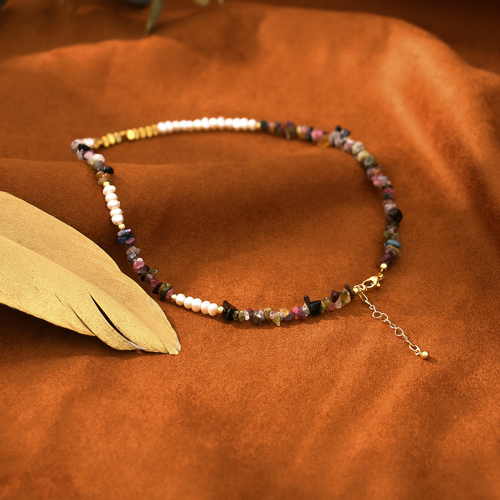 Bohemian Style Colorful Tourmaline Natural Stone Beaded Necklace Freshwater Pearl Necklace - Set010