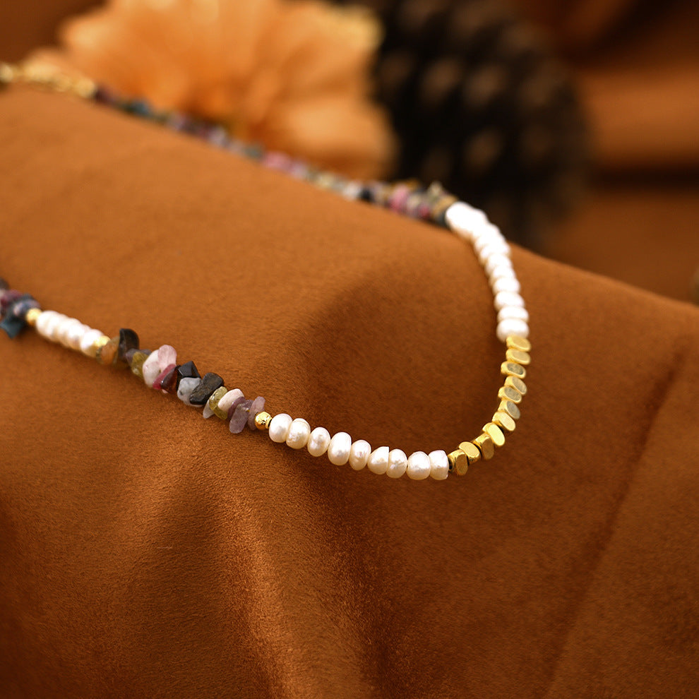Bohemian Style Colorful Tourmaline Natural Stone Beaded Necklace Freshwater Pearl Necklace - Set010