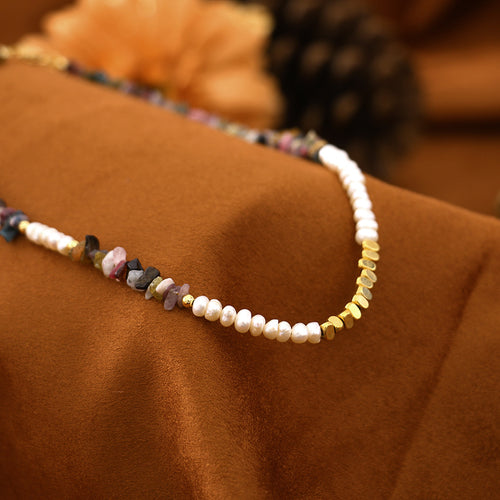 Bohemian Style Colorful Tourmaline Natural Stone Beaded Necklace Freshwater Pearl Necklace - Set010