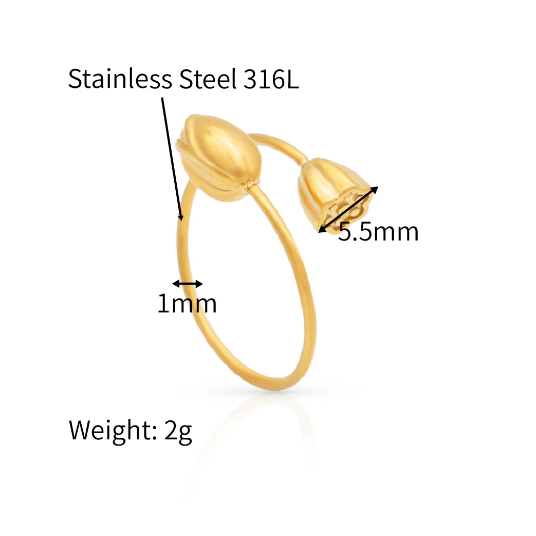 Lotus and Seedpod Botany Adjustable Ring - 18K PVD Gold Plated Stainless Steel_R053