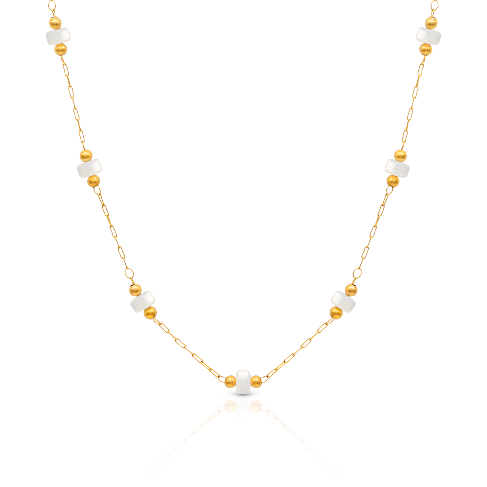 White Sea Shell Beads Hand Craft Beads Chain Necklace - PVD 18k Gold Plated 316L Stainless Steel_N014