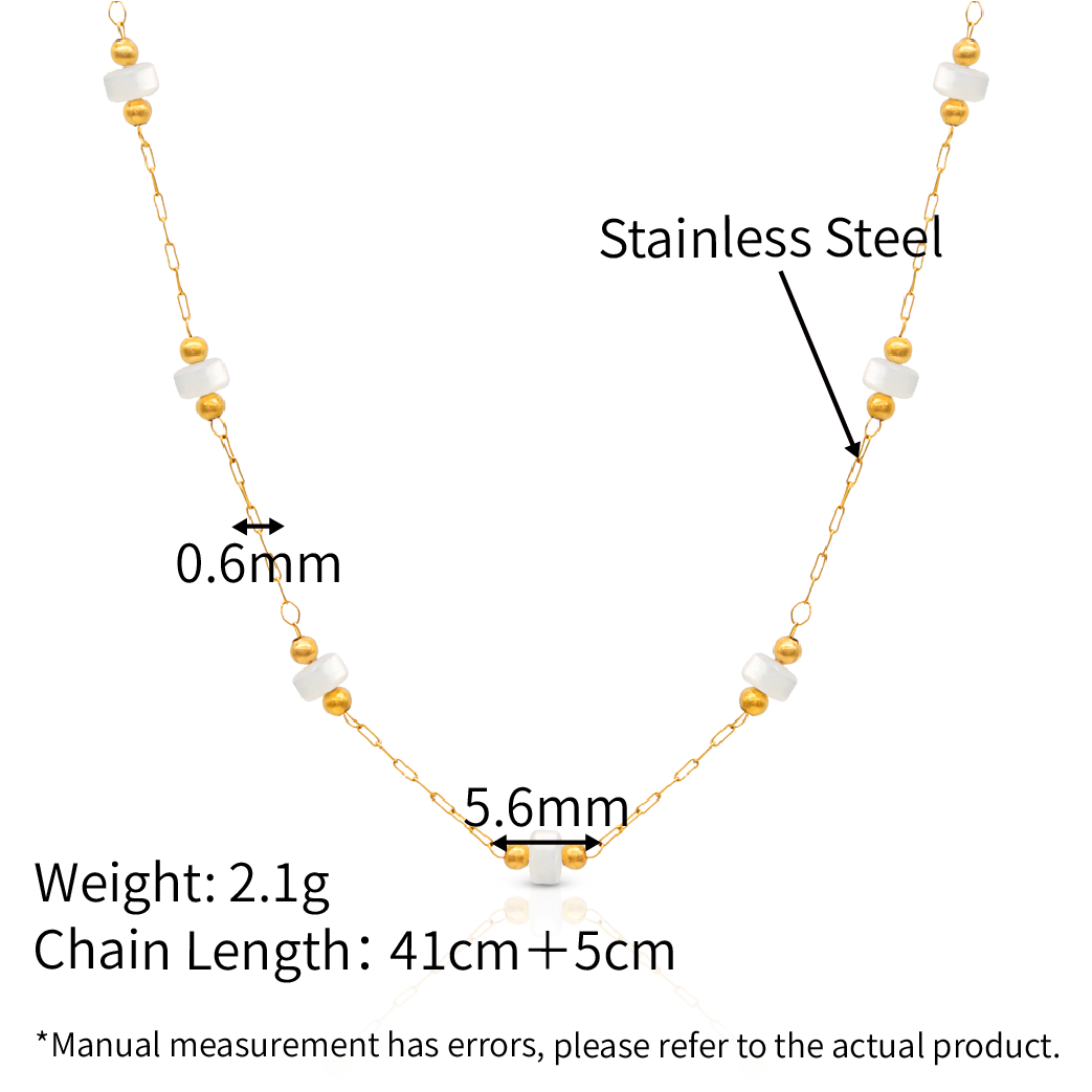 White Sea Shell Beads Hand Craft Beads Chain Necklace - PVD 18k Gold Plated 316L Stainless Steel_N014