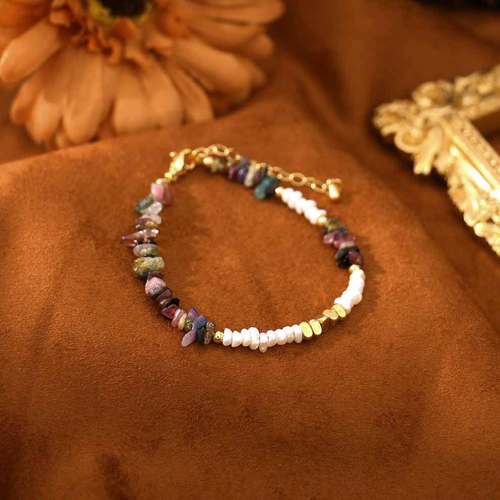 Bohemian Style Colorful Tourmaline Natural Stone Beaded Necklace Freshwater Pearl Necklace - Set010