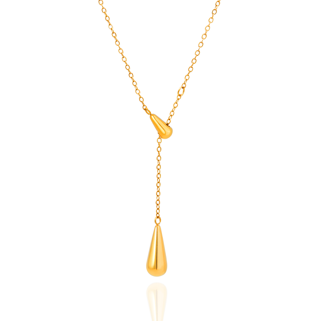 Water Drop Y-Shape Adjustable Pendant Necklace - PVD18K Gold Plated 316L Stainless Steel_N058