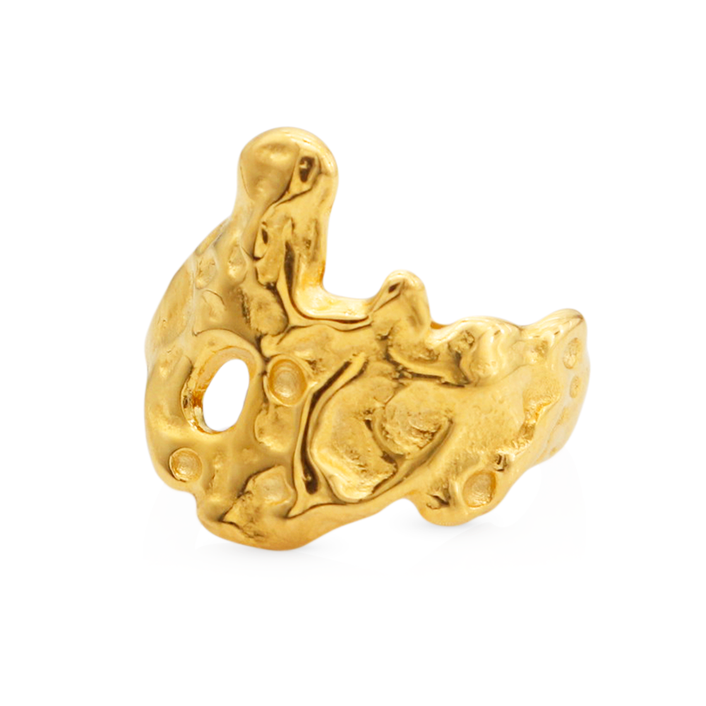 Wide Waterproof Hammered Bumpy Open Ring Lava Textured Concave Convex Surface Ring - PVD 18k Gold Plated 316L Stainless Steel_R025-R027