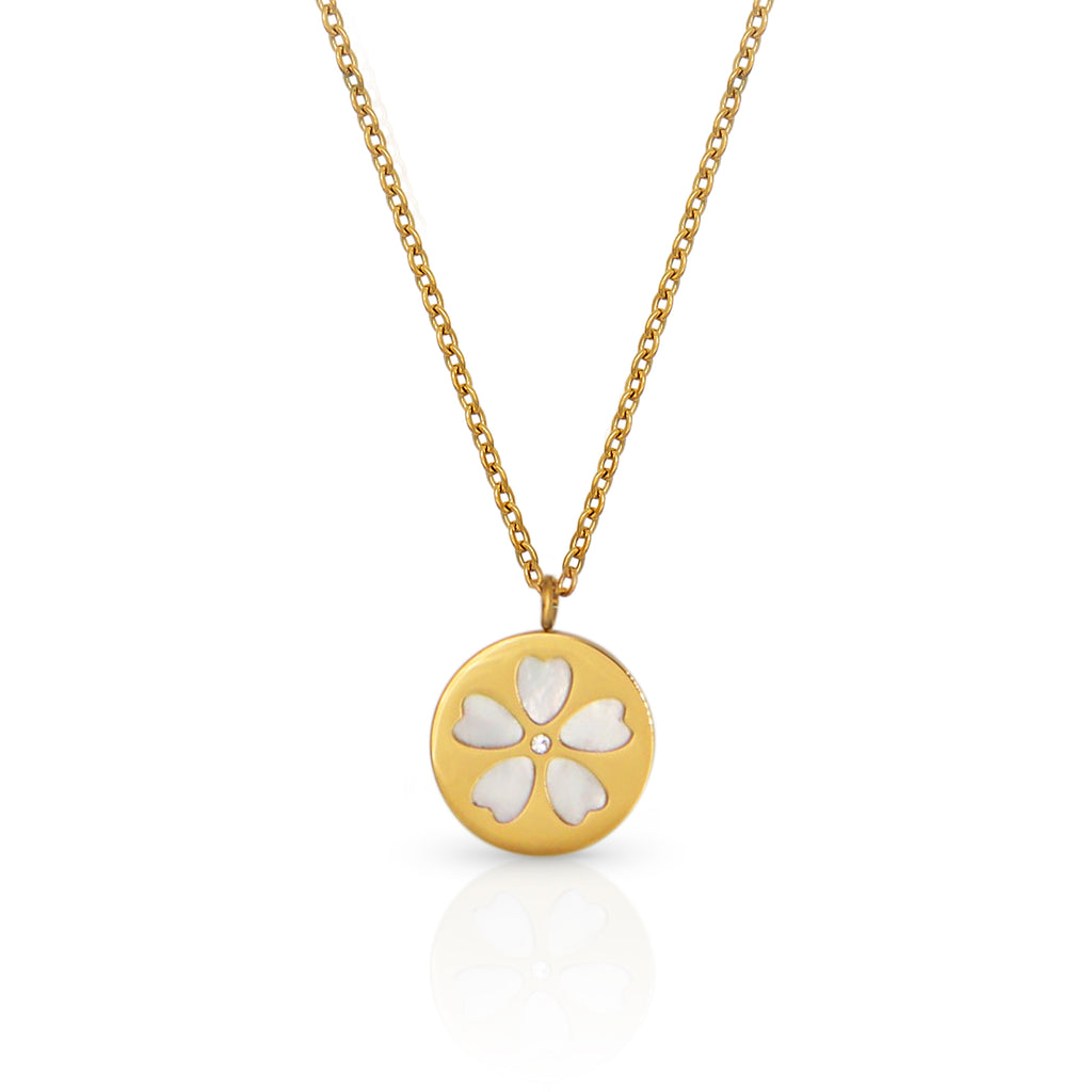 Sakura Shell Pendant Necklace with Zircon - PVD18K Gold Plated 316L Stainless Steel_N056