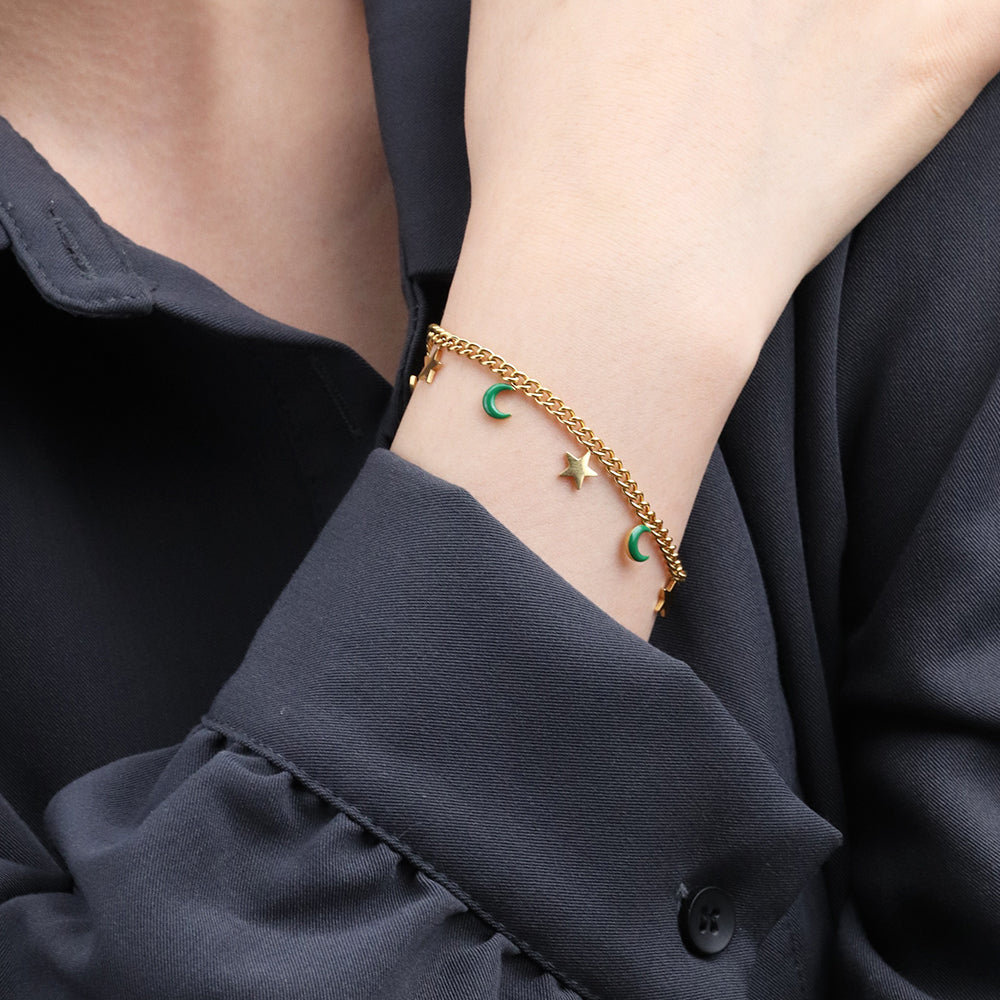 Colorful Enamel Star and Moon Charms 3mm Curb Chain Bracelet -  PVD18K Gold Plated 316L Stainless Steel_B055