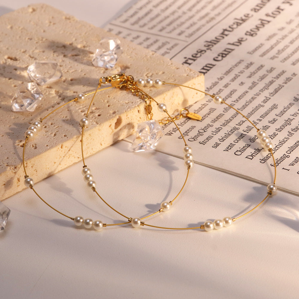 Man-made Pearl Satellite Beads Gold Silk Thread Chain Necklace - PVD 18k Gold Plated 316L Stainless Steel_N011