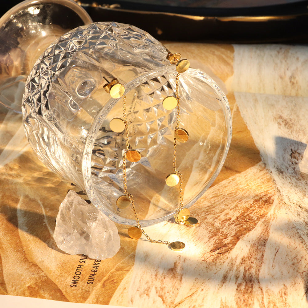 Round Flakes Long Tassel Drop Earrings - PVD 18k Gold Plated 316L Stainless Steel_E020