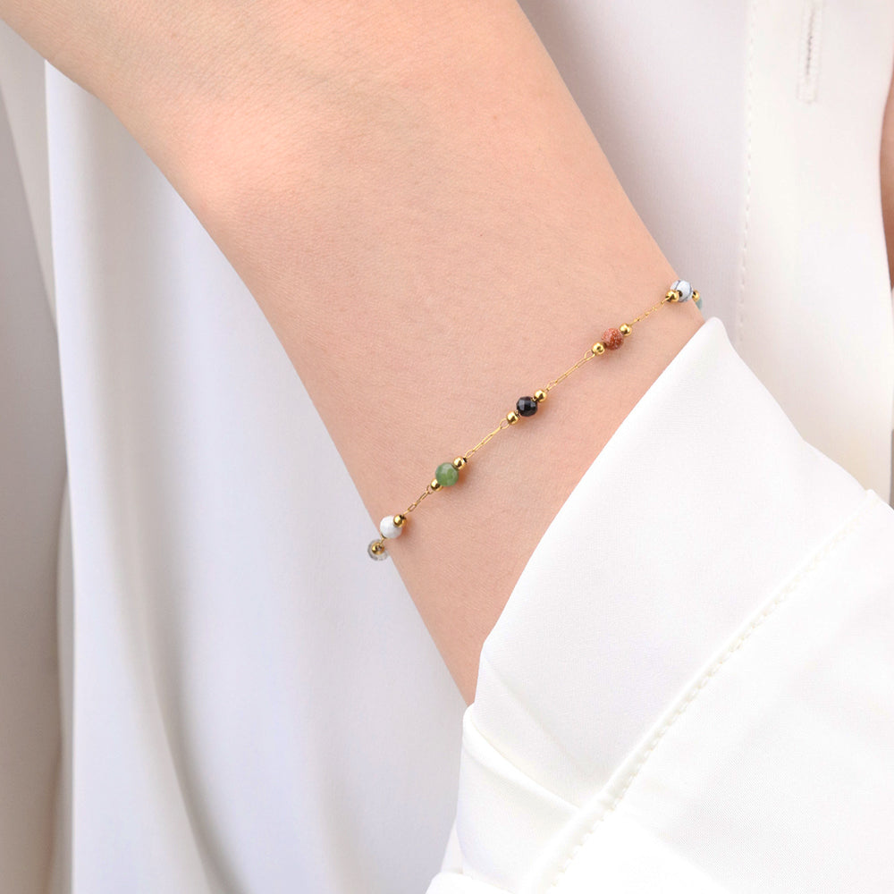 Original Design Natural Gems Colorful Beads Chain Bracelet - PVD 18k Gold Plated 316L Stainless Steel_B026
