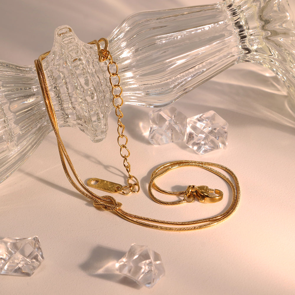 Double Layers Knot Round Snake Chain Anklet - PVD 18k Gold Plated 316L Stainless Steel_A004