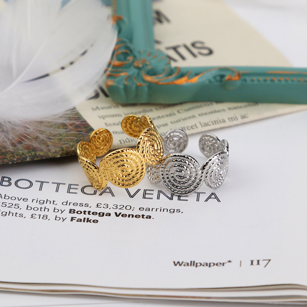 Round Dots Flakes Thread Spiral Twist Resizable Rings - PVD 18k Gold Plated 316L Stainless Steel_R034