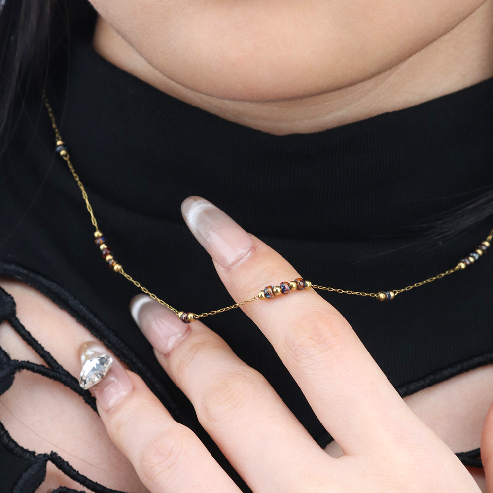 Amber Color Beads Necklace Gold Beads Satellite Chain - PVD 18k Gold Plated 316L Stainless Steel_N021