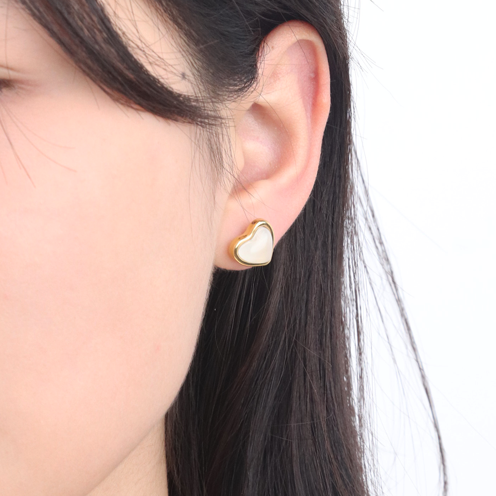 Natural Red / White Agate Heart Stud Earring - PVD 18k Gold Plated 316L Stainless Steel_E015-E016