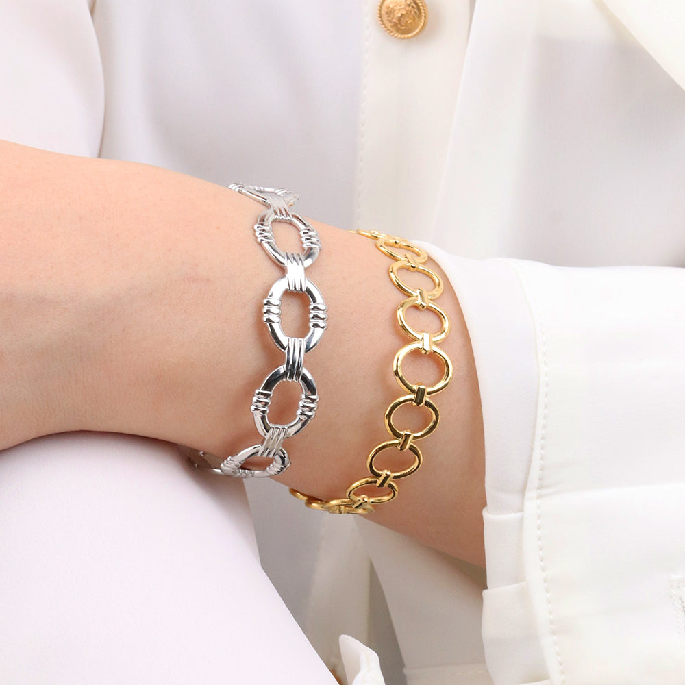 Silver Texture Big Loops Hollow Out Cuff Bracelet - Silver 316L Stainless Steel with PVD Plating_B025