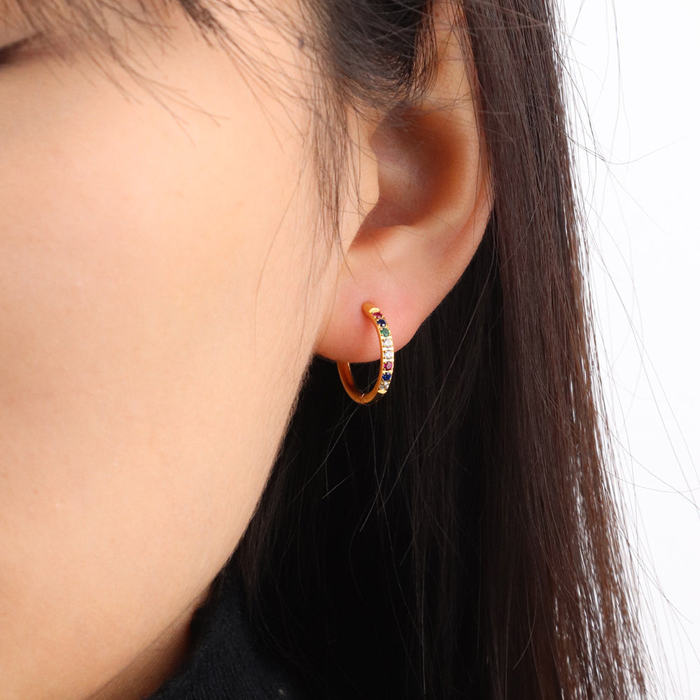 Rainbow Cubic Zirconias huggies Hoops Earrings - PVD 18k Gold Plated 316L Stainless_E025