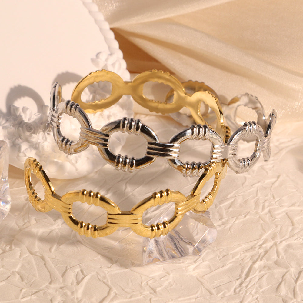 Silver Texture Big Loops Hollow Out Cuff Bracelet - Silver 316L Stainless Steel with PVD Plating_B025